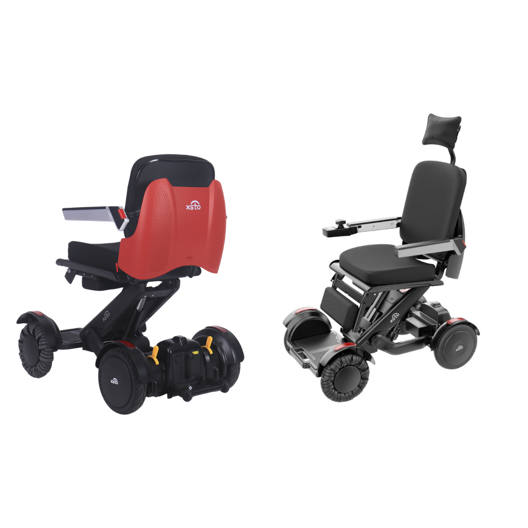 The XSTO Mobility M4 Self-Balancing Powerchair with APP Control is shown in two styles—one lightweight foldable with a red backrest, and another travel model with a black seat and adjustable headrest. Both feature rugged wheels and compact designs.
